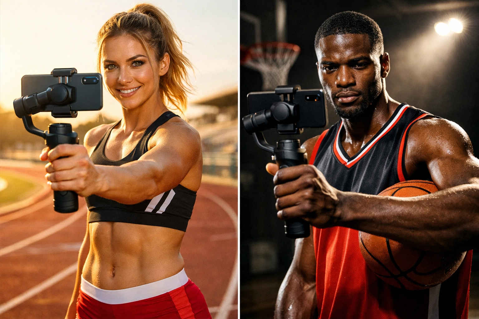 Professional athletes recording high-quality social media content on smartphones for NIL branding.