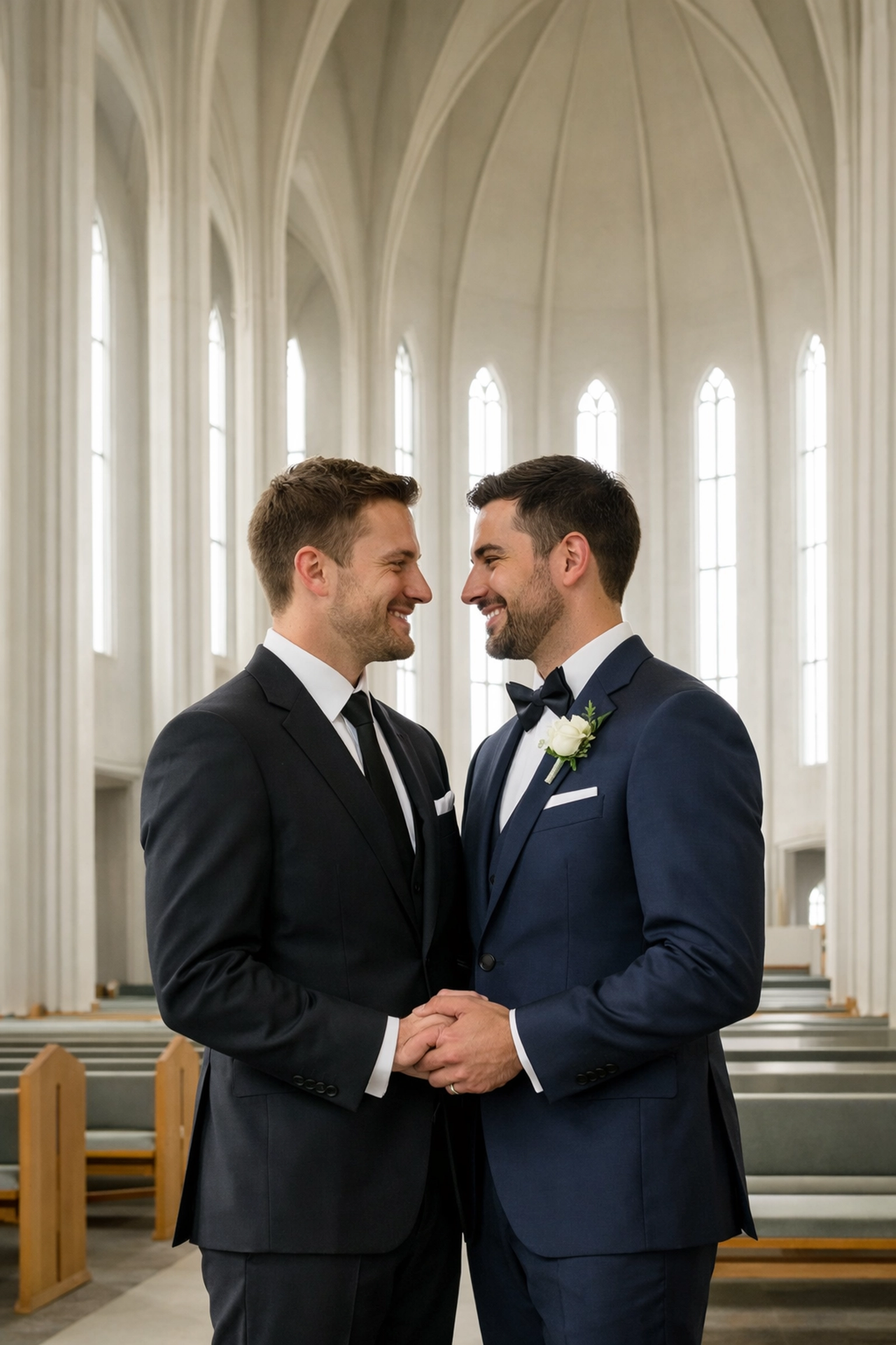Two grooms share an intimate moment inside Hallgrímskirkja Lutheran church during their gay wedding in Reykjavik
