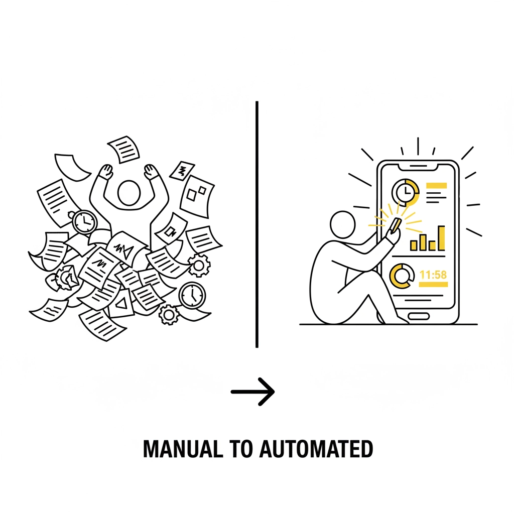 Left: Overwhelmed person in paper chaos. Right: Person using a digital device with graphs. Text: "Manual to Automated."