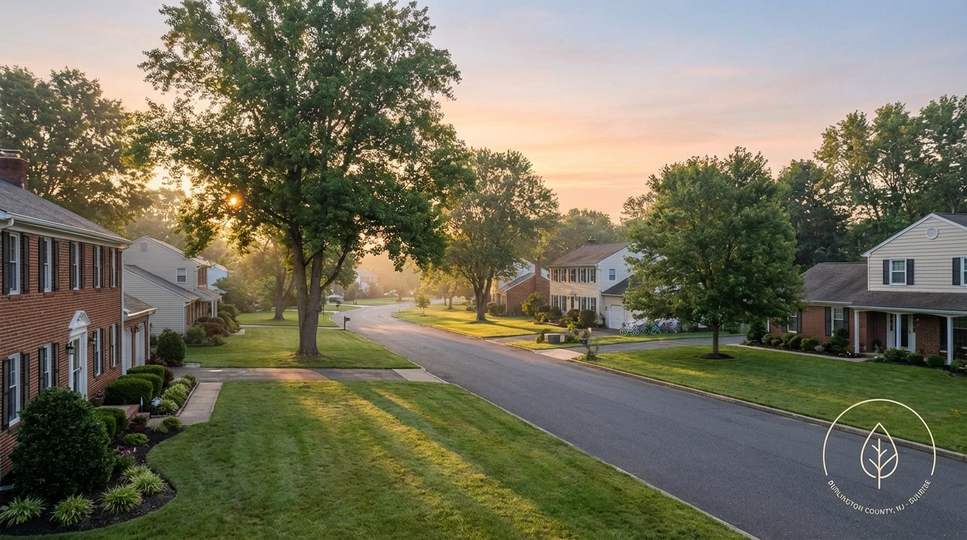 Sunrise street scene in Burlington County NJ showing tree-lined roads and well-kept homes, South Jersey real estate market timeline