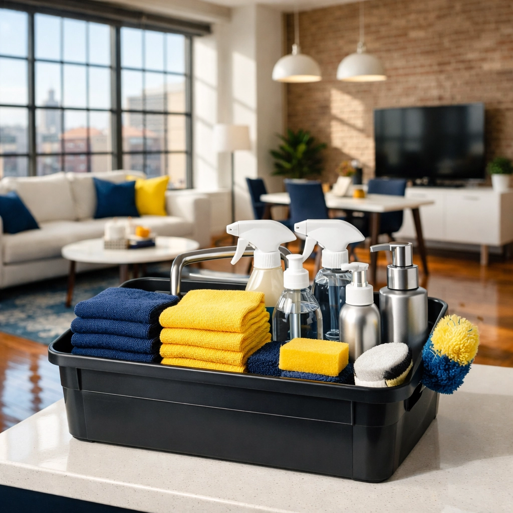Professional maid services Worcester using organized equipment in a spotless modern loft apartment.