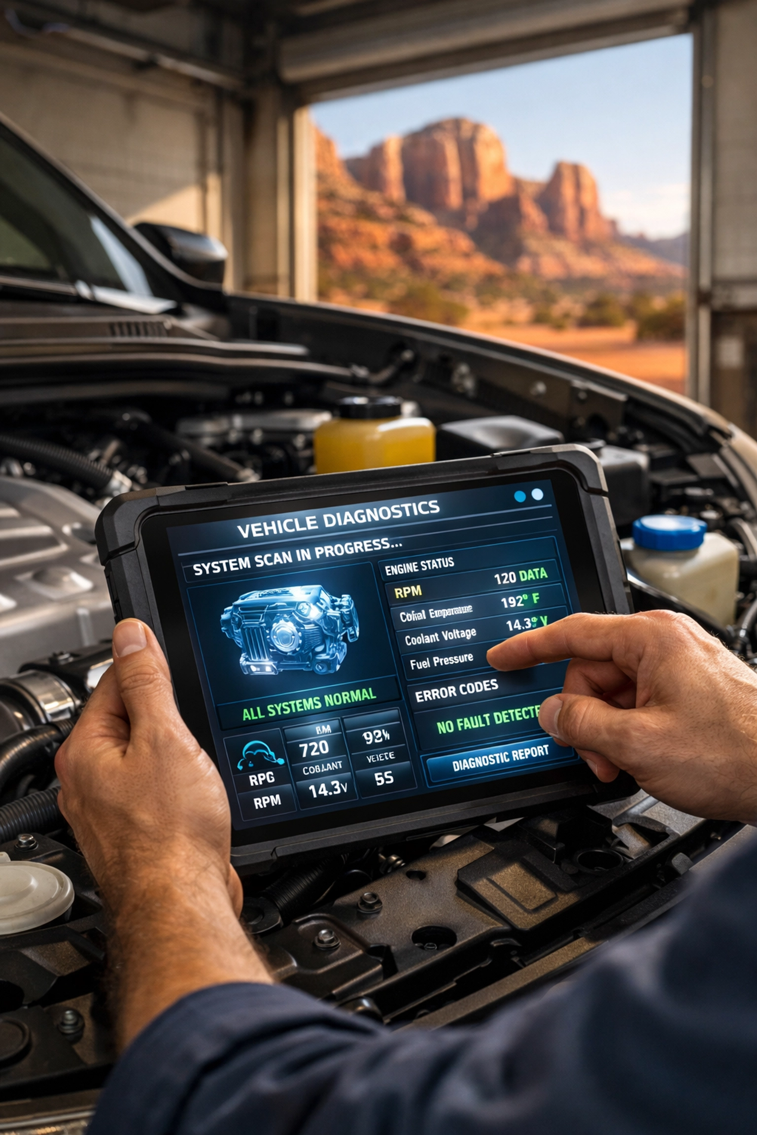 A mechanic using a diagnostic tablet for preventive fleet maintenance Sedona to ensure maximum vehicle uptime.