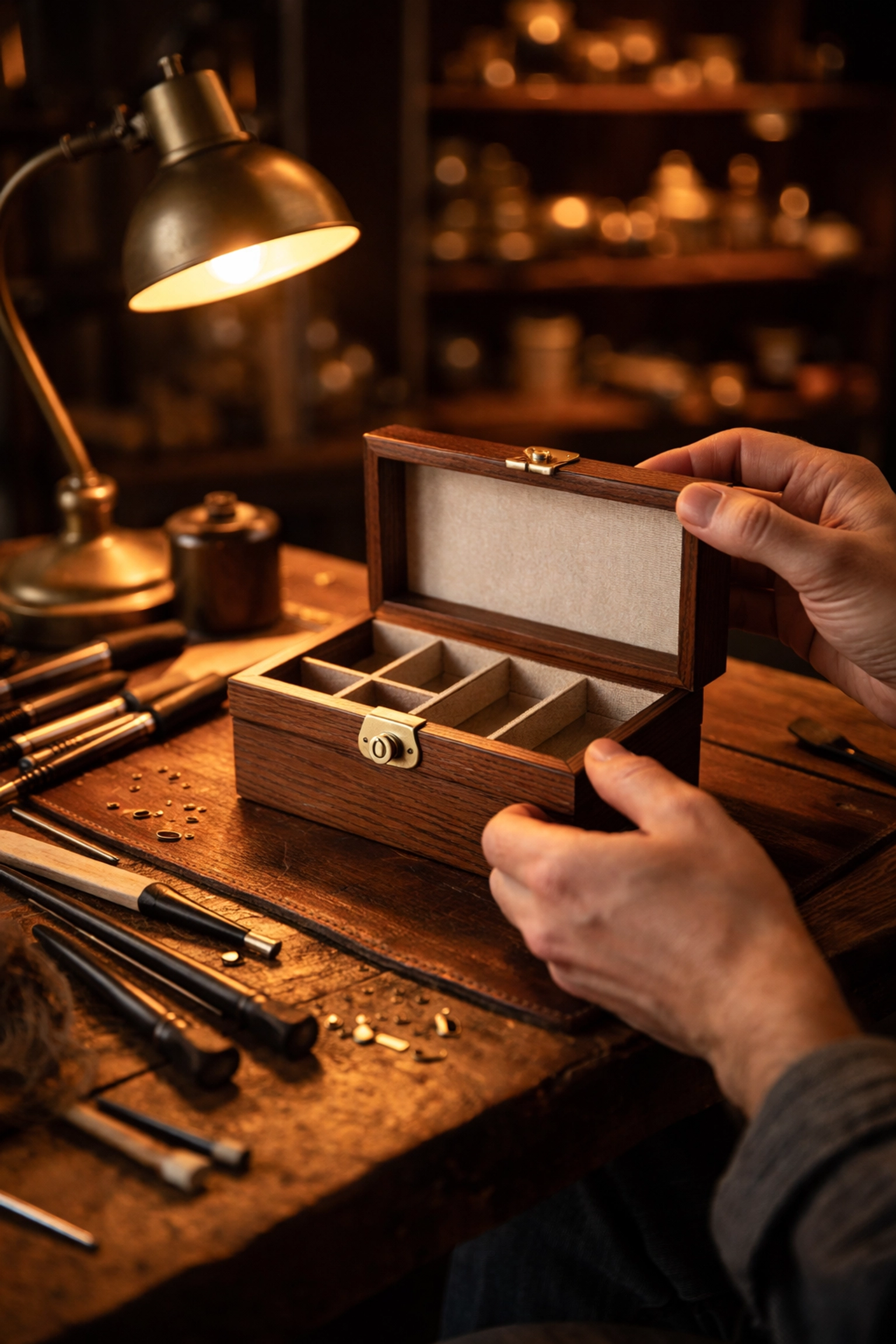 Artisan assembling a wooden jewelry box in a cozy workshop, emphasizing the care in handcrafted gifts