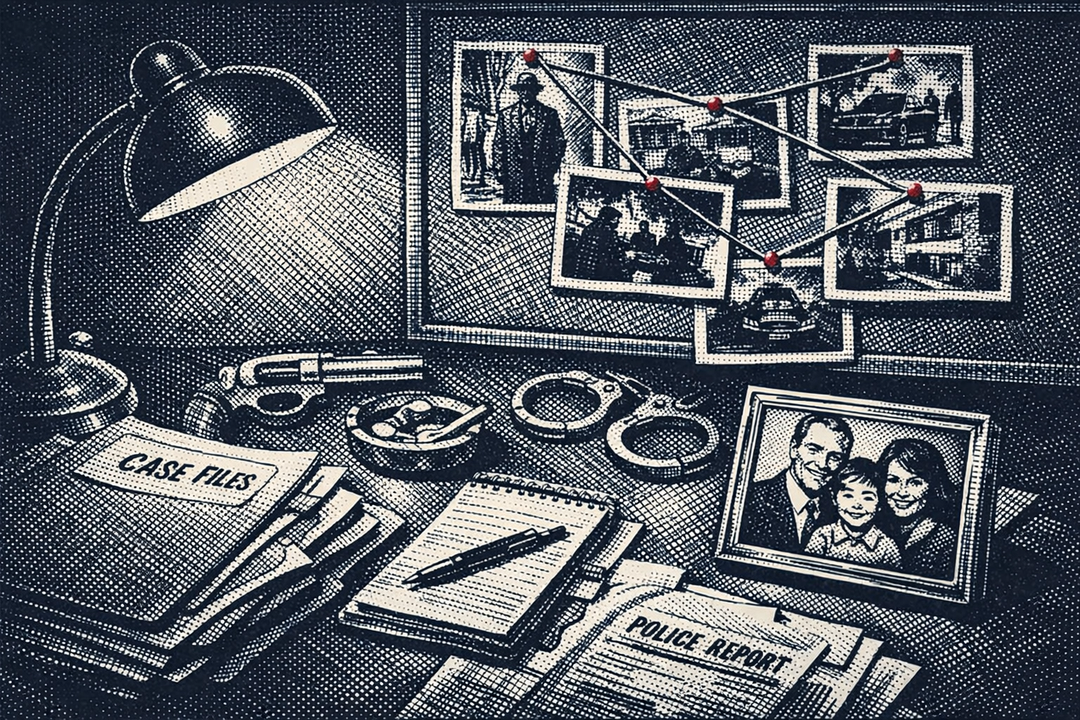 Detective's desk with case files and family photo showing dignified FBI investigation work