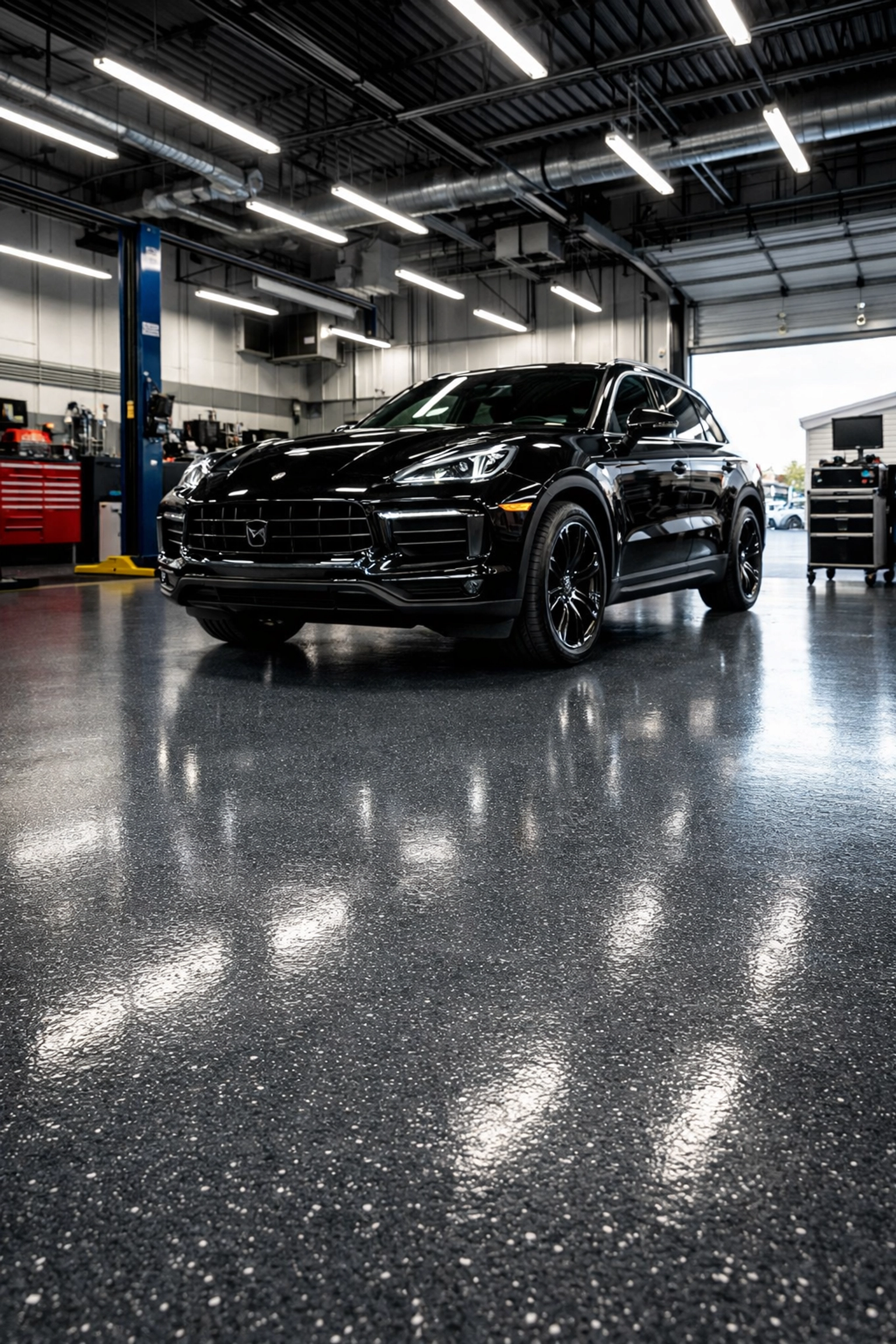 Industrial slate-grey commercial floor coatings Flowood MS in a high-performance automotive service bay.