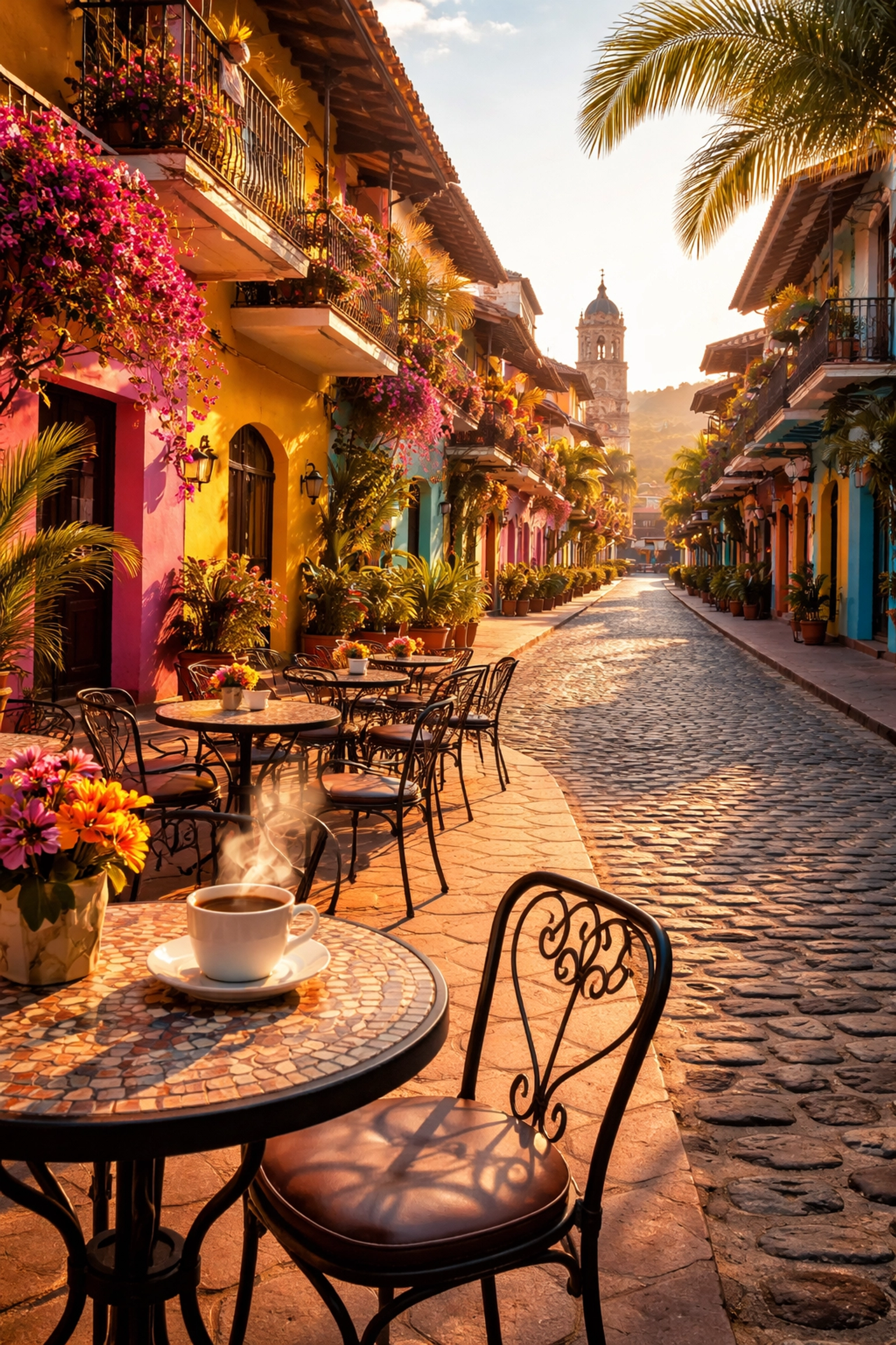 Scenic cobblestone street with colorful buildings and a café in Puerto Vallarta's Zona Romántica, perfect for morning coffee lovers.
