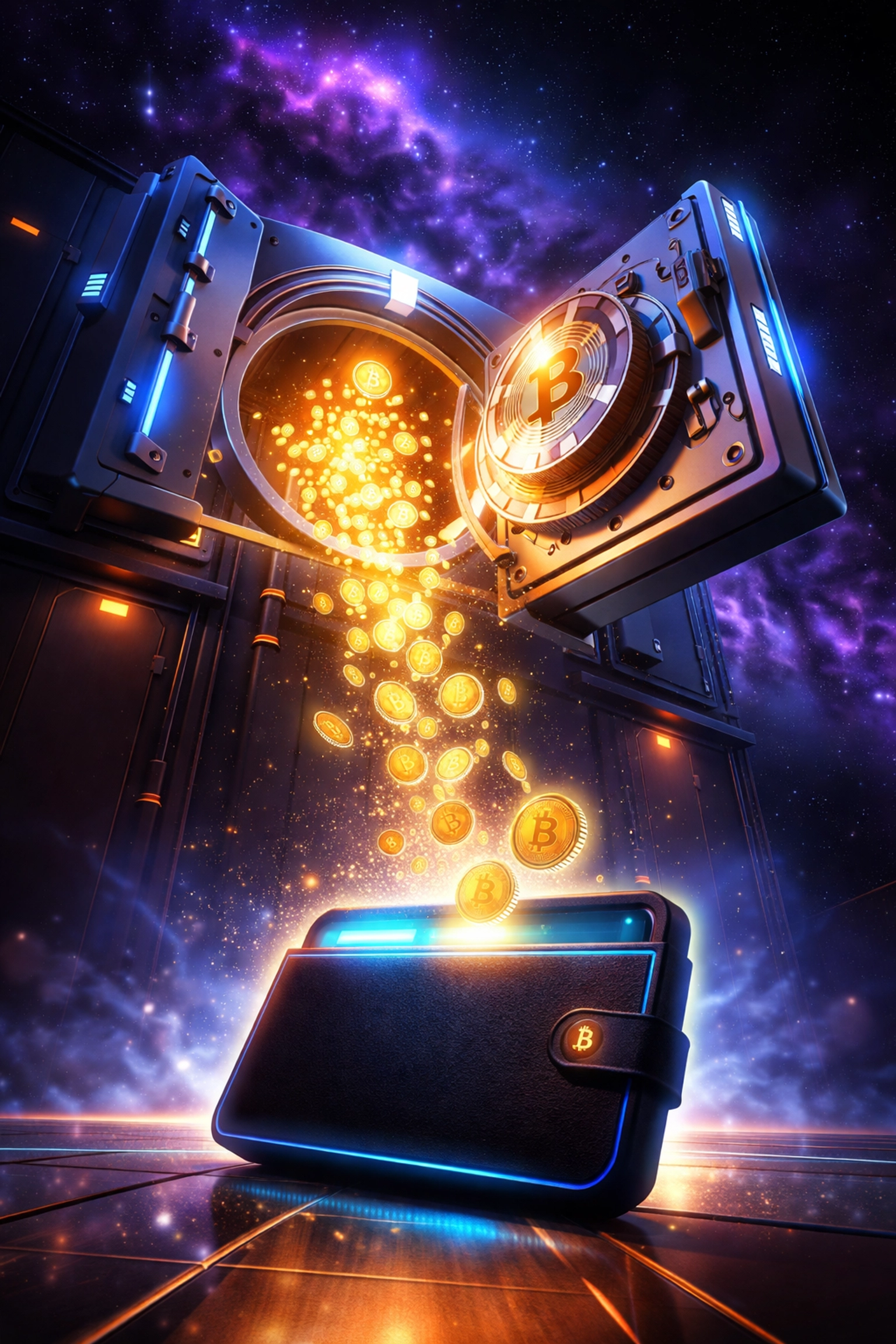 Digital vault opening with cryptocurrency coins flowing into a wallet, representing self-custody and financial control for Web3 payments.