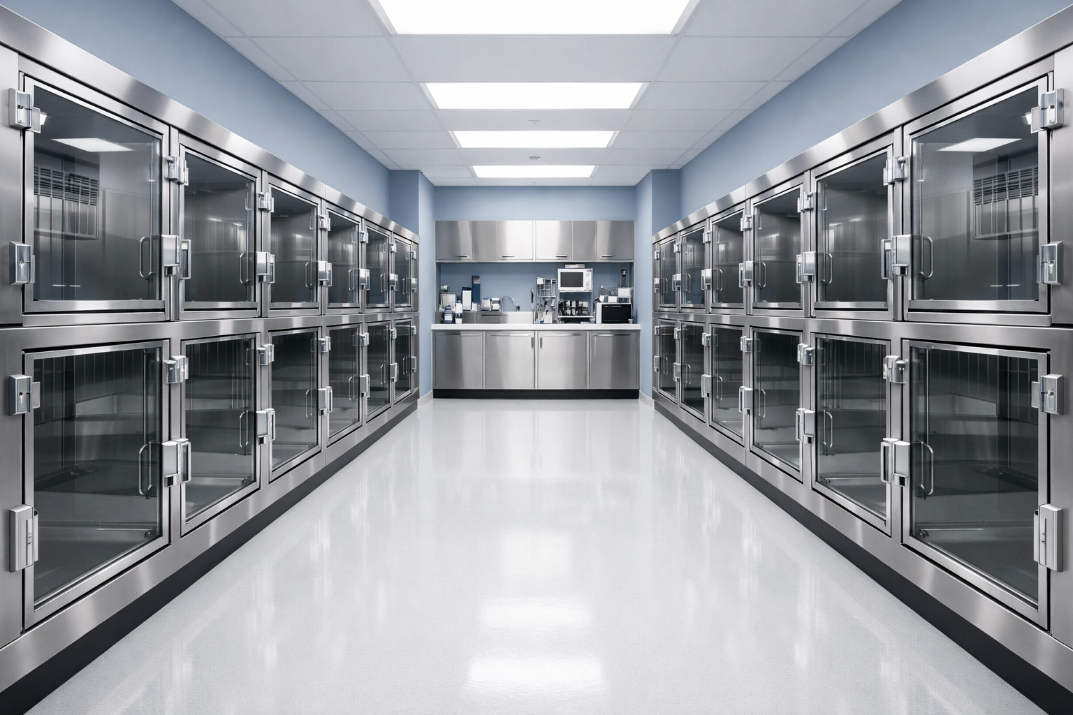 Clean veterinary treatment ward with sterile stainless steel animal kennels and shiny floors.