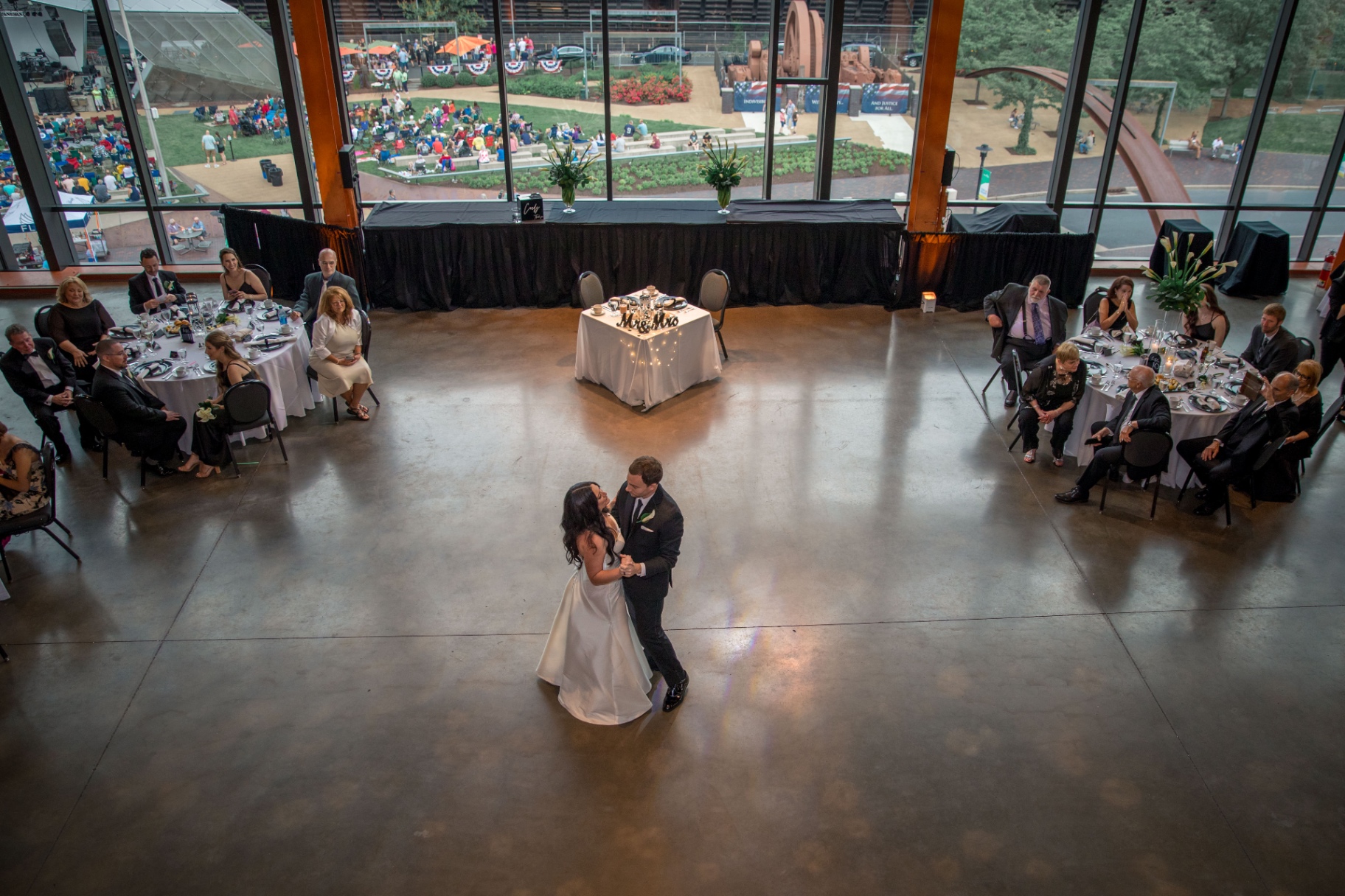 Wide shot of the first dance—Arts Quest Steel Stacks energy, big romance