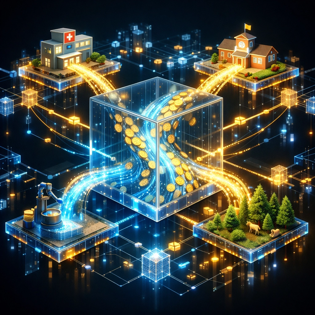 Blockchain network distributing cryptocurrency donations to hospitals, schools, and environmental charities