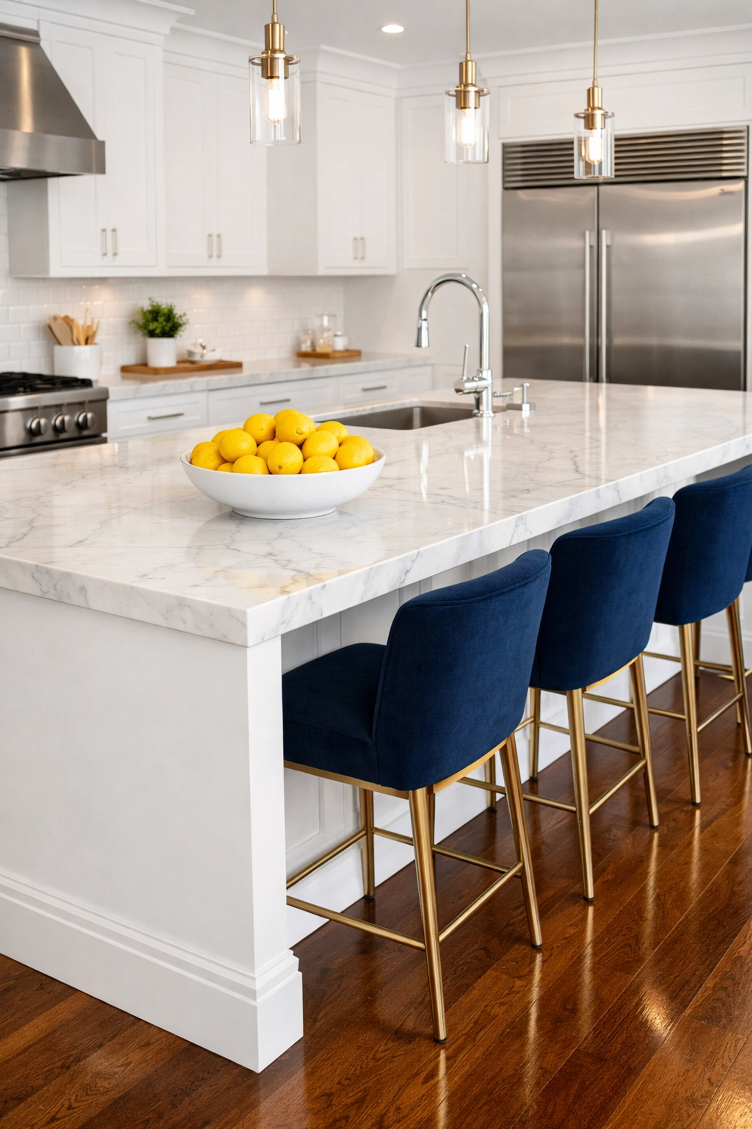 Spotless kitchen with marble counters maintained by weekly house cleaning Shirley MA experts.