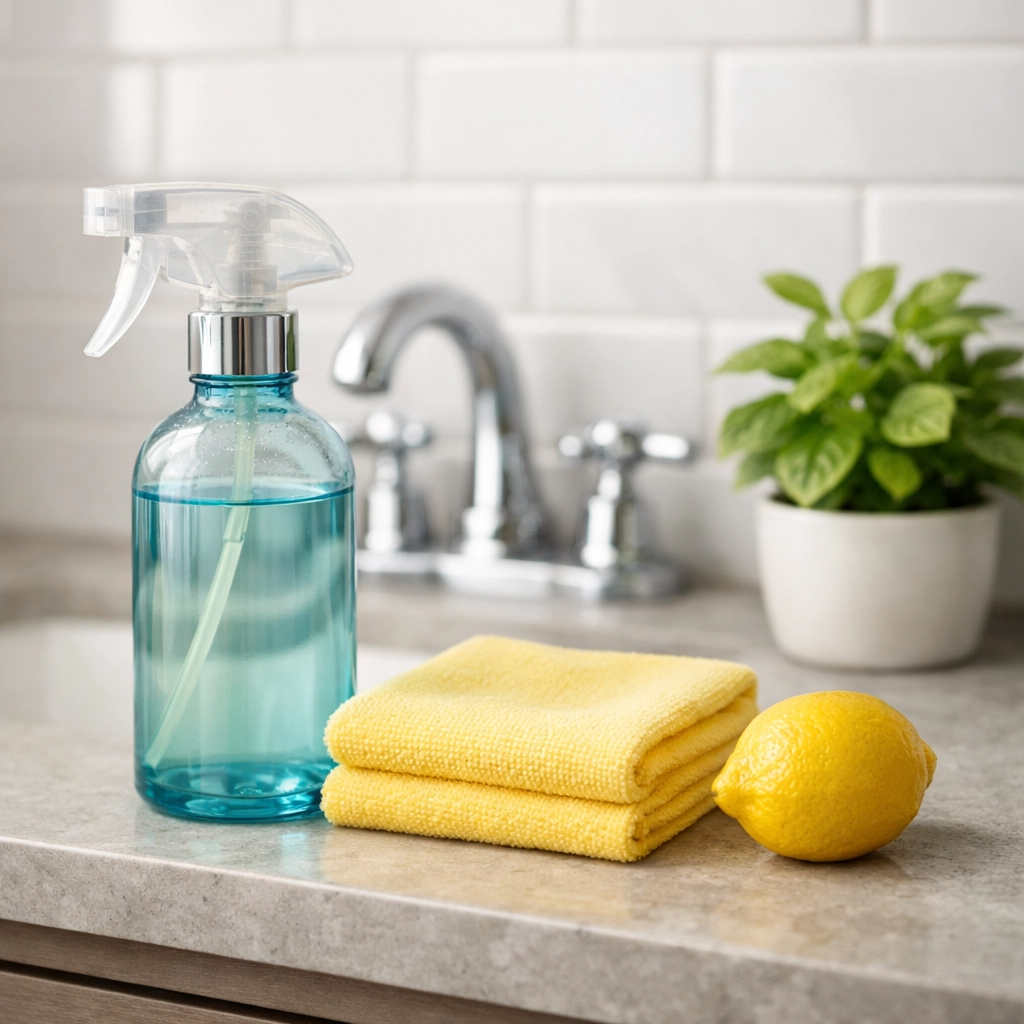 Eco-friendly house cleaning MA products on a clean bathroom vanity in a Massachusetts home.