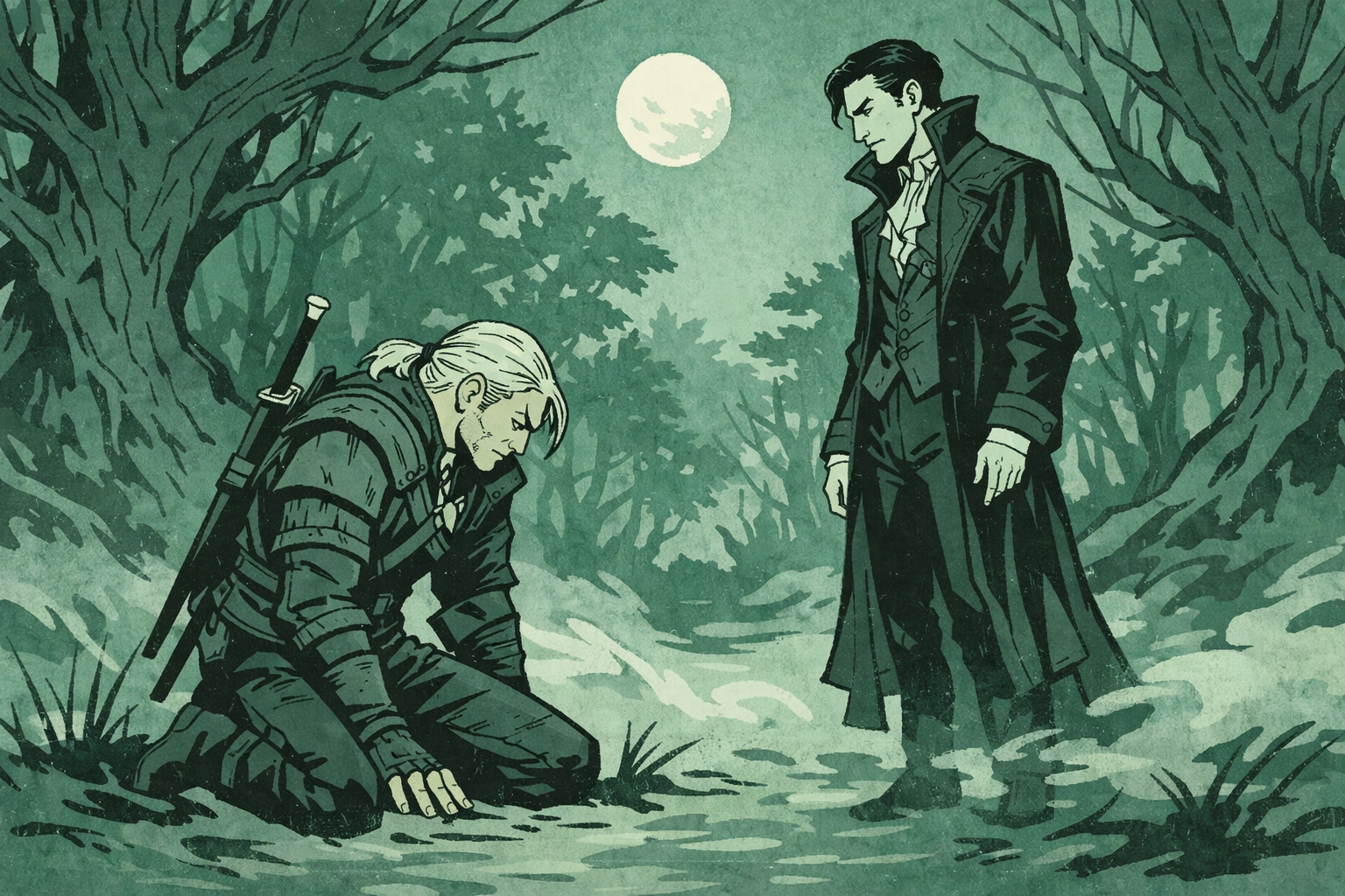 Witcher and vampire first meeting in moonlit forest clearing - gay paranormal romance scene