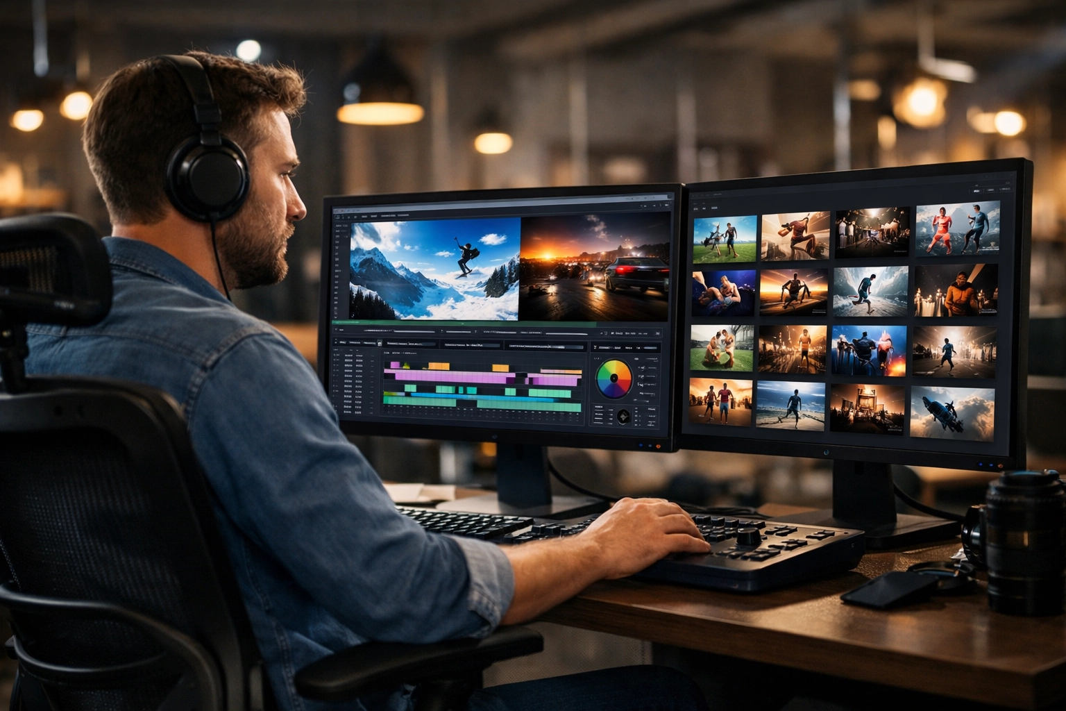 A media manager organizing digital libraries and video assets at a professional Dakdan Worldwide workstation.