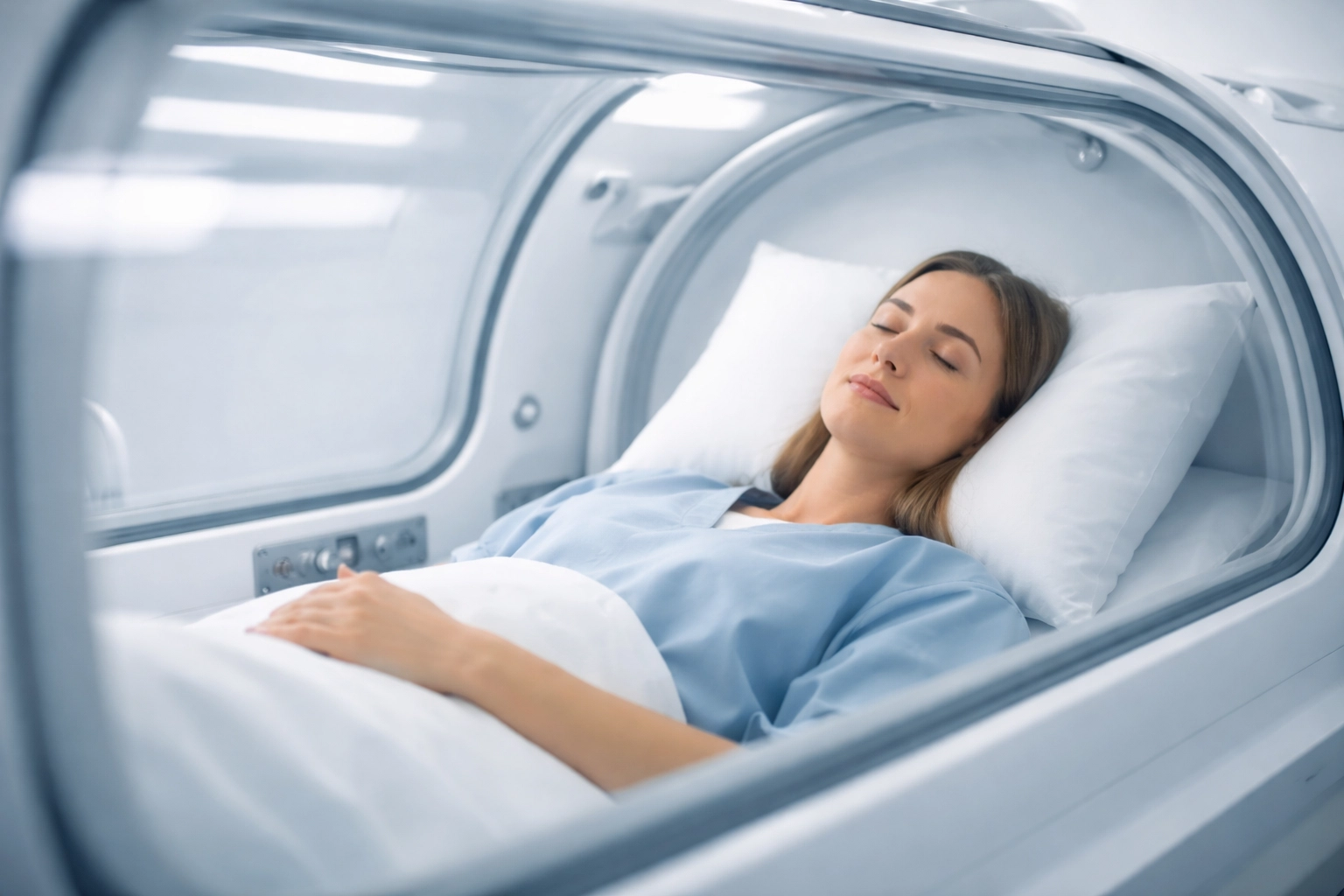 Patient relaxing inside a hyperbaric chamber during oxygen therapy, emphasizing safety and comfort