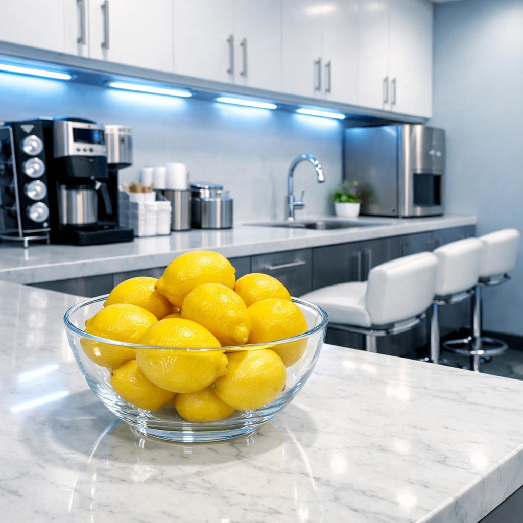 Sanitized modern office breakroom in Gardner, MA, maintained by a reliable commercial cleaning team.