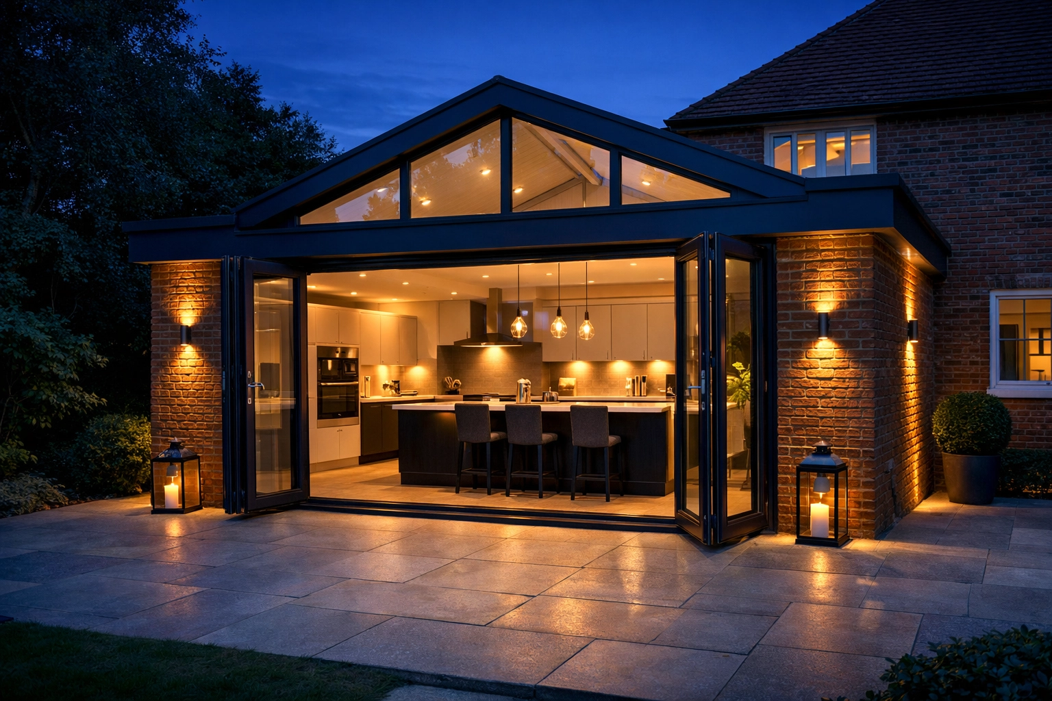 Modern home extension in West Sussex featuring bi-fold doors and a high-end kitchen finish.