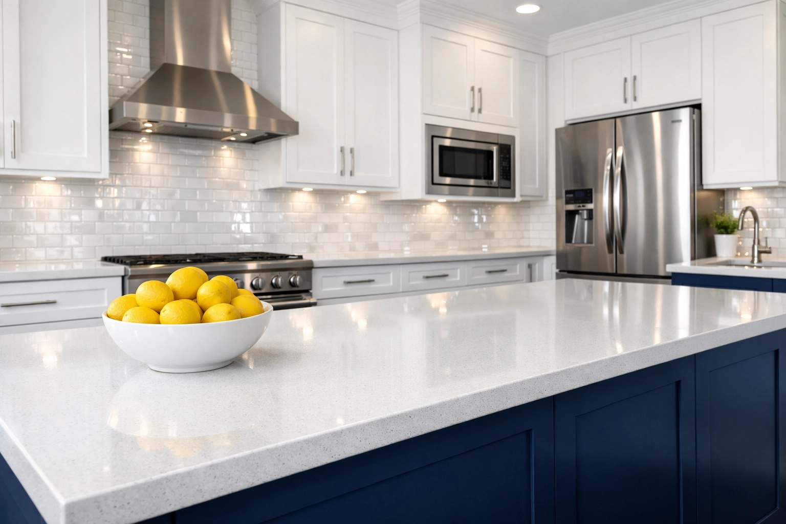 Sparkling modern kitchen with quartz counters and navy island from professional cleaners Massachusetts.