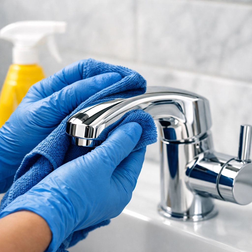 Detail-oriented professional move-out cleaning Worcester MA polishing a bathroom faucet.