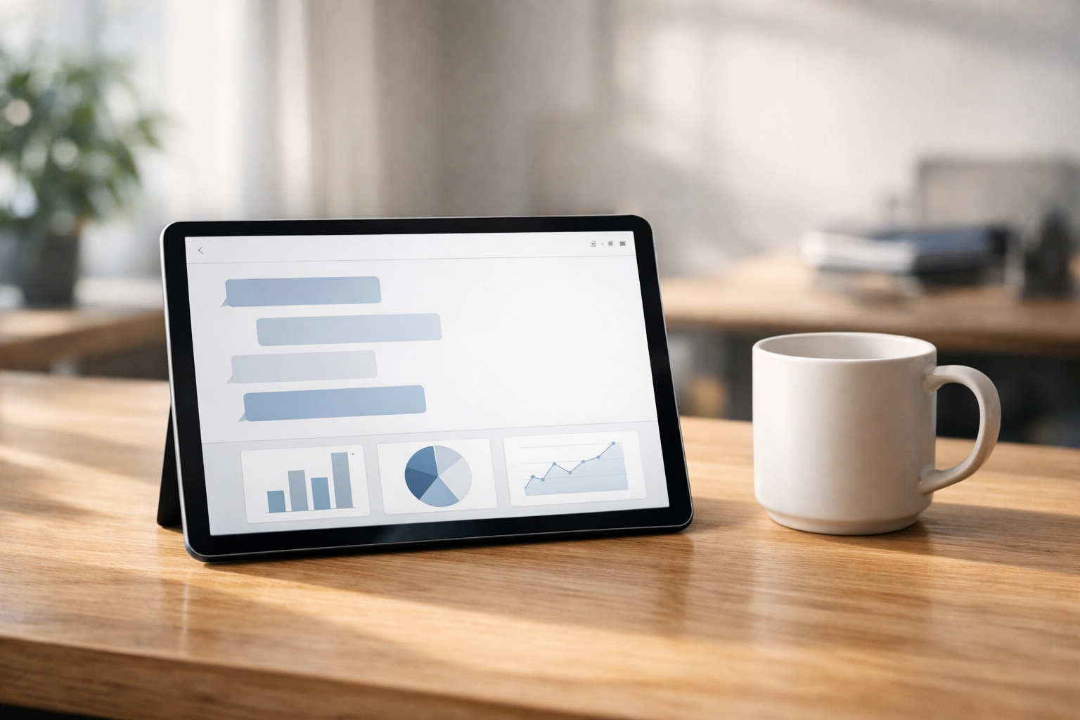 Tablet on a wooden desk displaying an AI automation dashboard for streamlined customer support.