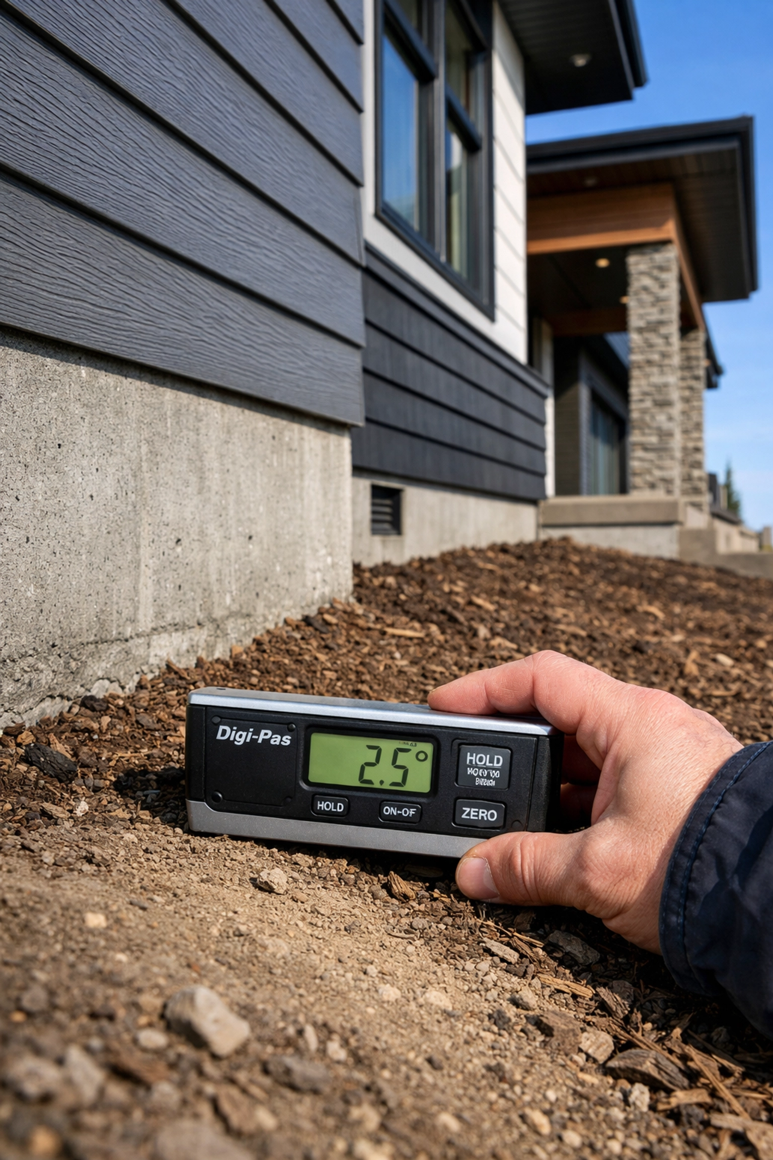 Professional home inspection edmonton checking foundation grading for proper water drainage.