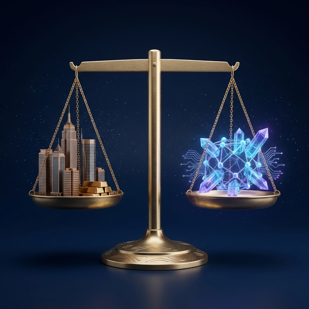 Balanced scale contrasting traditional real estate assets with digital investments, emphasizing modern portfolio balance.