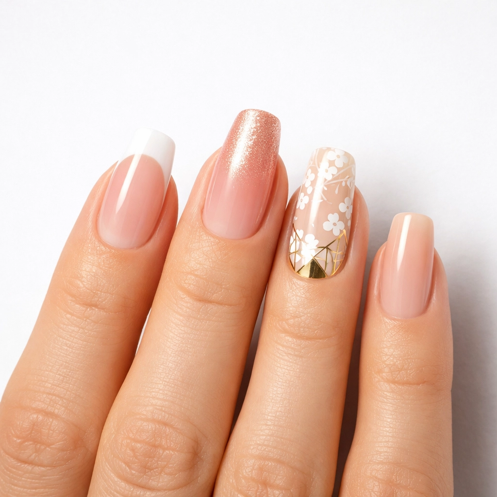 Five different nail art designs on dual form extensions showing creative style options