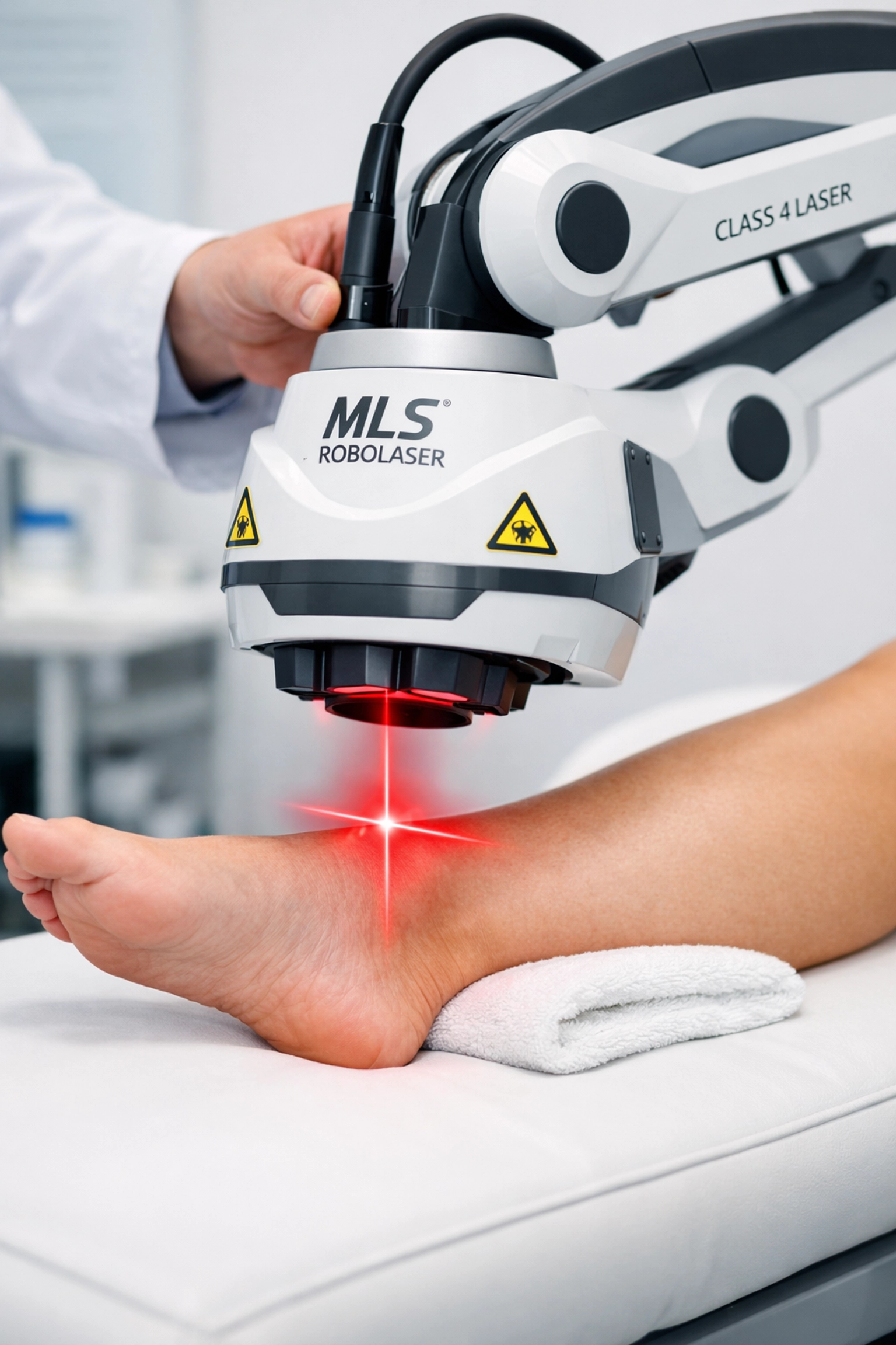 Patient receiving non-invasive MLS Class 4 Robotic Laser therapy for peripheral neuropathy at a medical clinic.