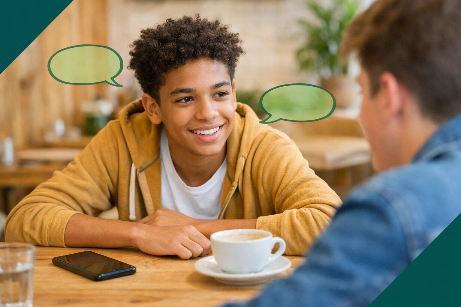 Teenager practicing digital etiquette by focusing on conversation instead of his smartphone at a cafe.