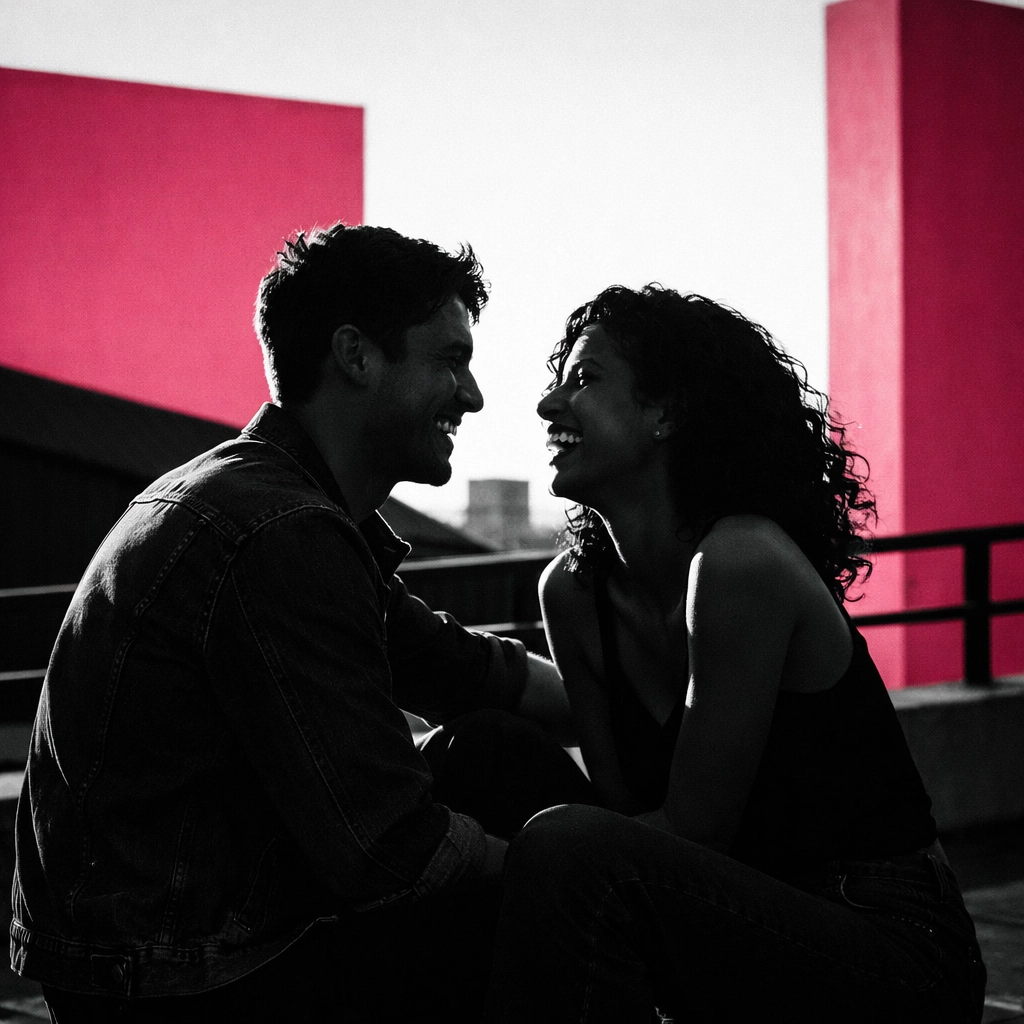 Happy couple laughing together without phones demonstrating genuine relationship intimacy and presence