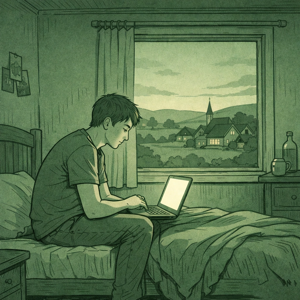 Rural gay man using laptop for online LGBTQ+ support in isolated village bedroom seeking connection