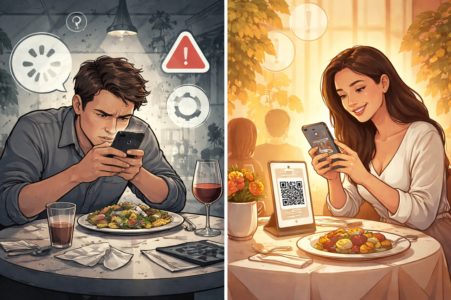 Comparison of diner frustration with poor QR menu setup versus enjoying seamless digital menu access