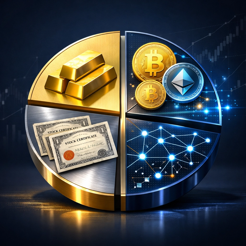 Balanced portfolio allocation showing traditional assets and digital cryptocurrency exposure