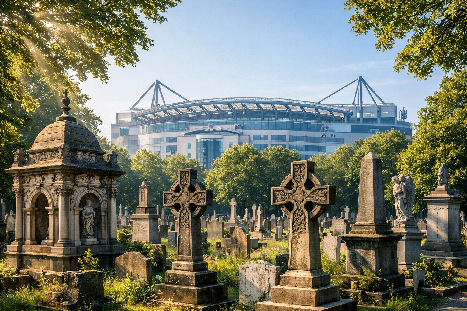 View of Brompton Cemetery with Stamford Bridge stadium, a symbolic site for a Chelsea fan's ashes scattering ceremony.