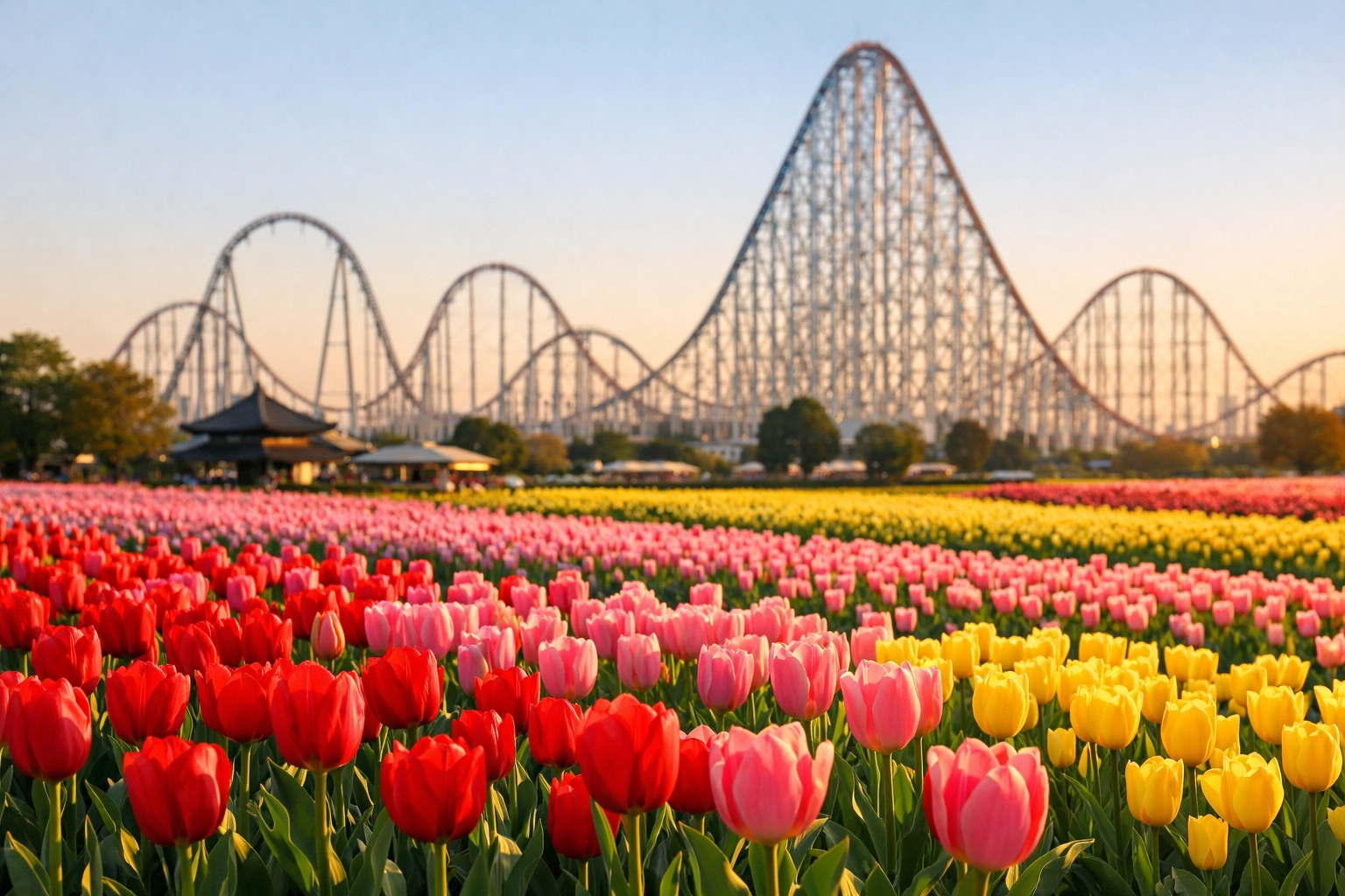 Golden hour tulip fields at Nabana no Sato, a scenic photography location near Nagashima Spa Land.