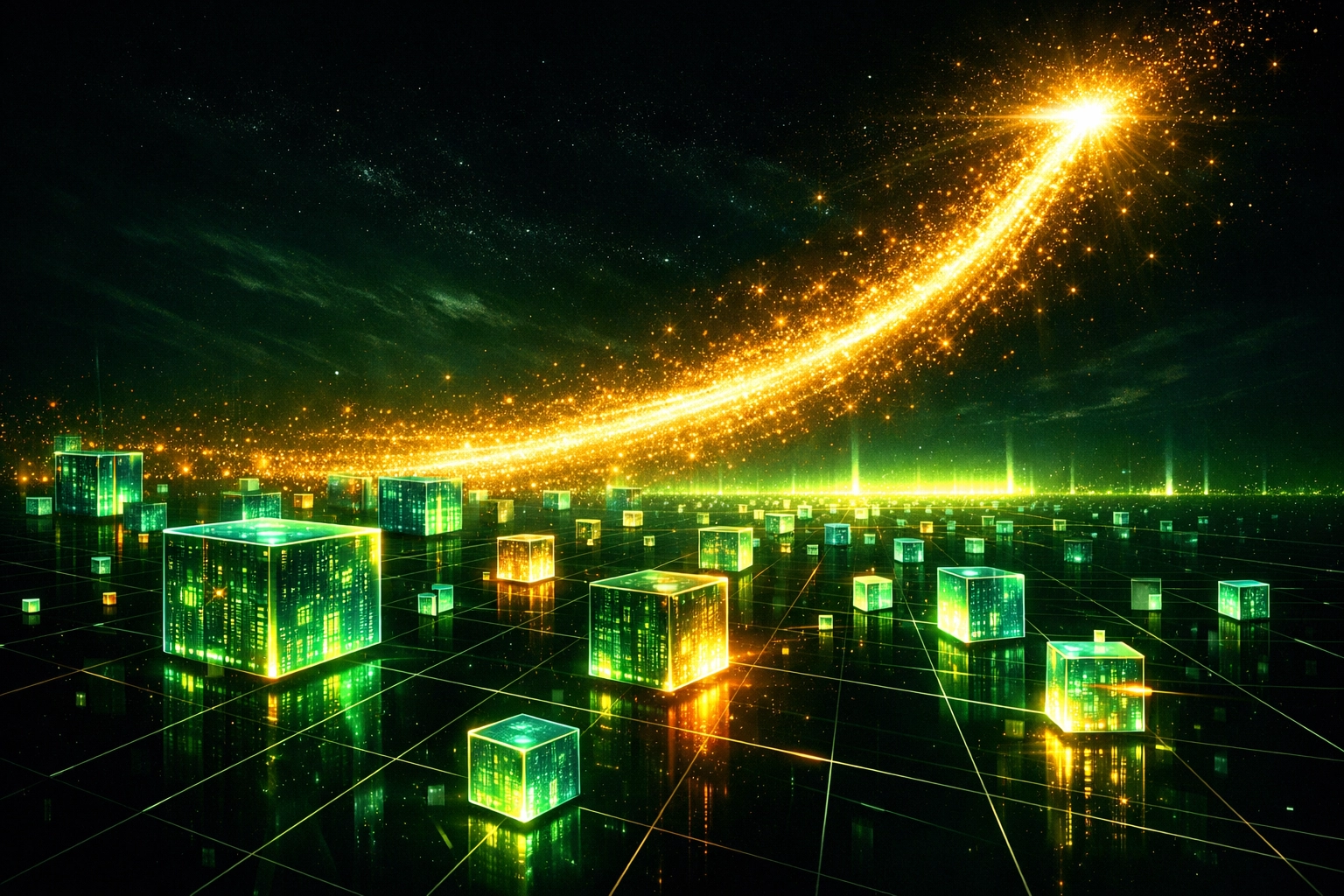 Vibrant abstract digital landscape symbolizing business growth and revenue expansion through AI SEO.