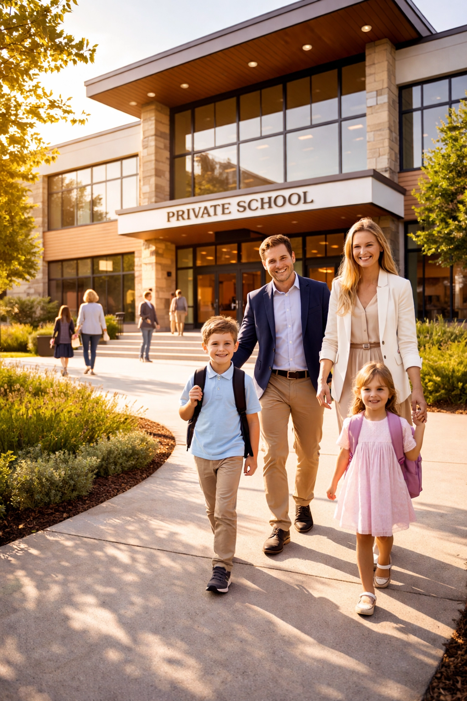 Façade d'une école privée moderne avec parents et enfants, illustrant l'attractivité et la confiance des familles en 2026