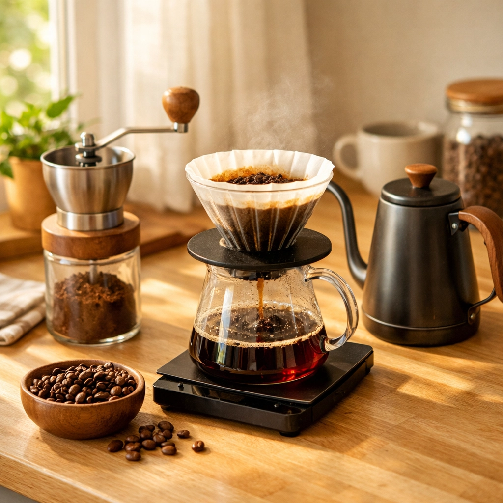 Home coffee brewing setup with pour over dripper and fresh roasted beans
