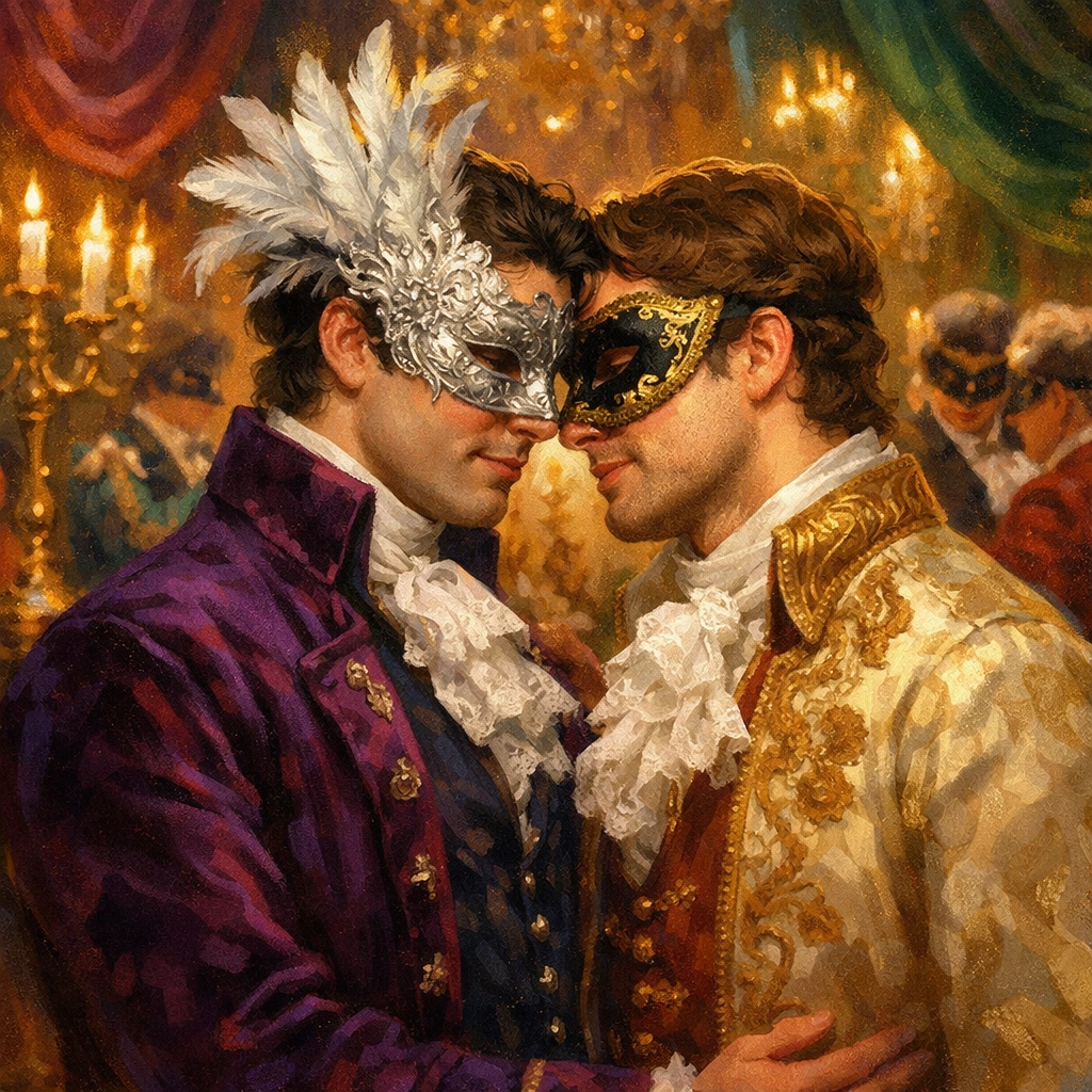 Two men share an intimate moment at a lavish 18th-century masquerade ball, a staple trope in gay historical romance.