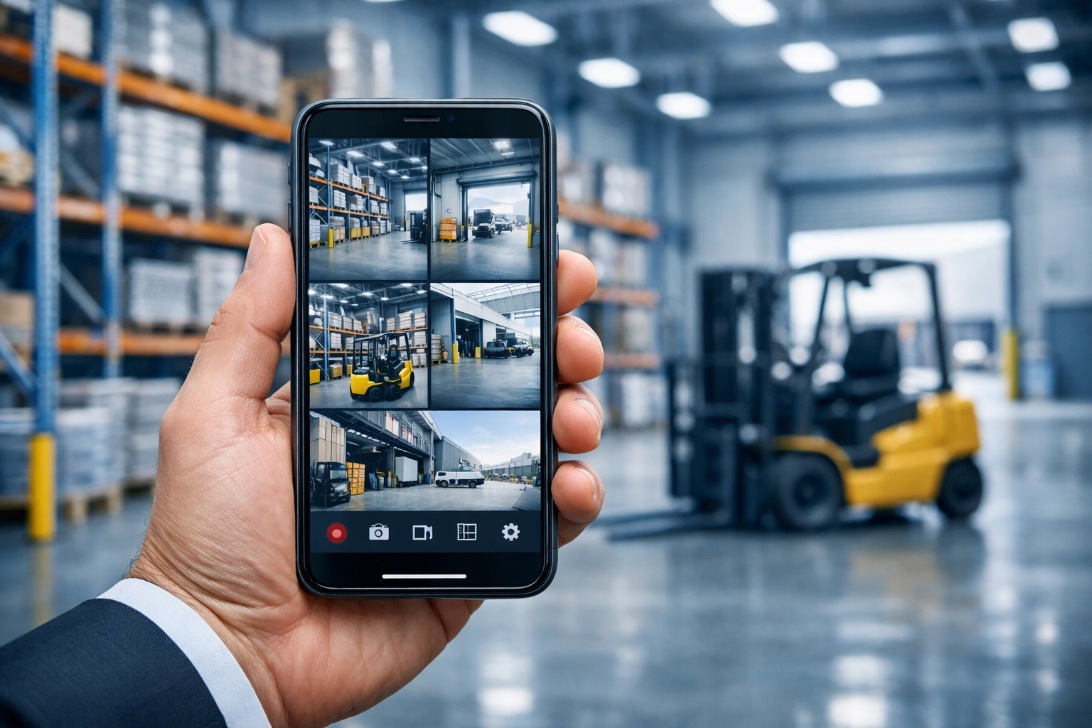 Business owner monitoring commercial security cameras in a Yeovil warehouse via a smartphone app.