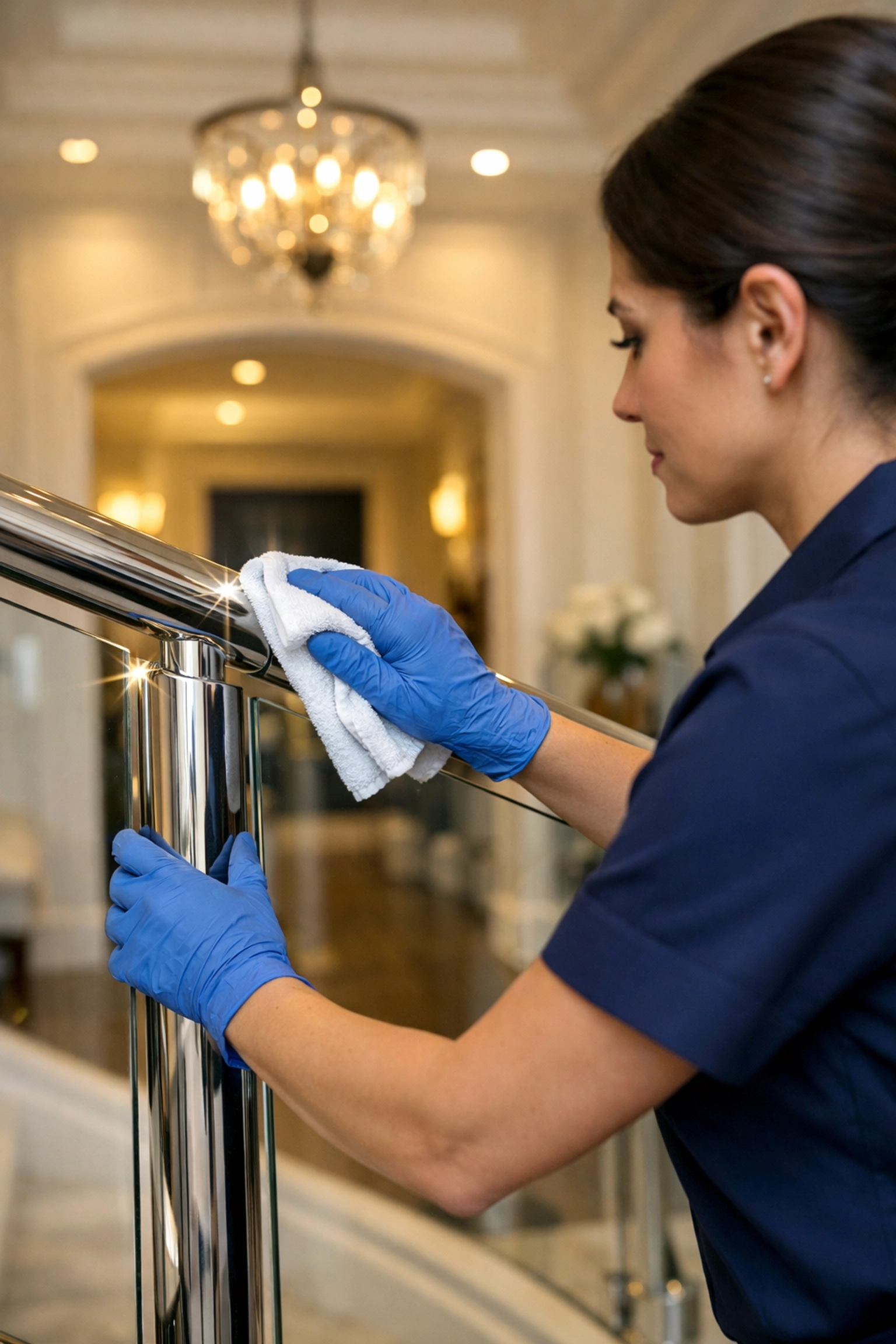 Detail-oriented maid service in Andover MA cleaning a luxury home foyer with professional precision.
