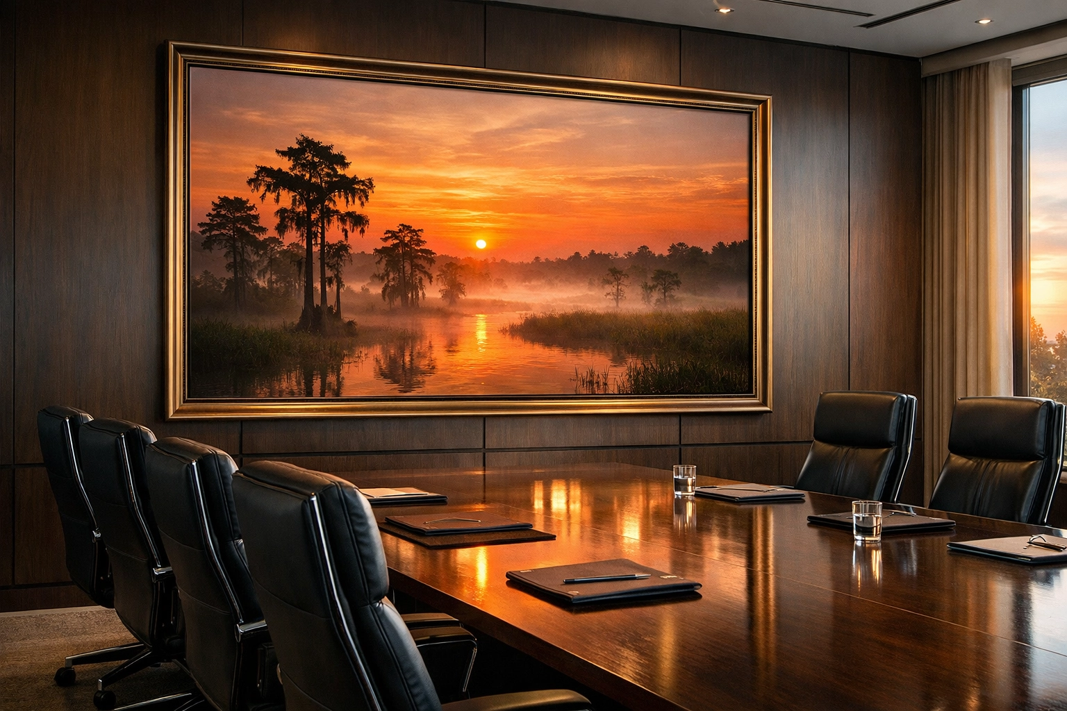 Professional Miami boardroom featuring a large fine art landscape photography print on the wall.