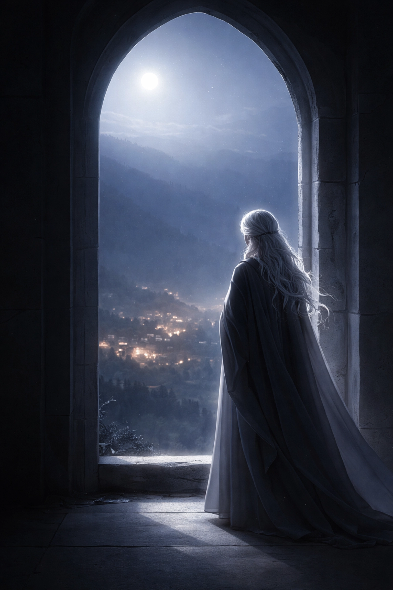 Elder Miriam gazes through an arched window at the distant village lights in the valley below