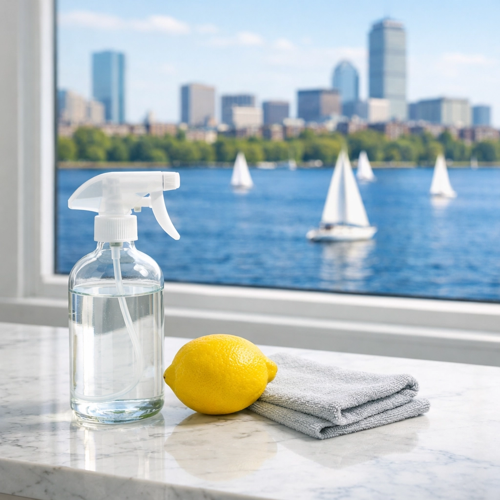 Eco-friendly house cleaning in West Cambridge featuring non-toxic supplies and a riverside view.