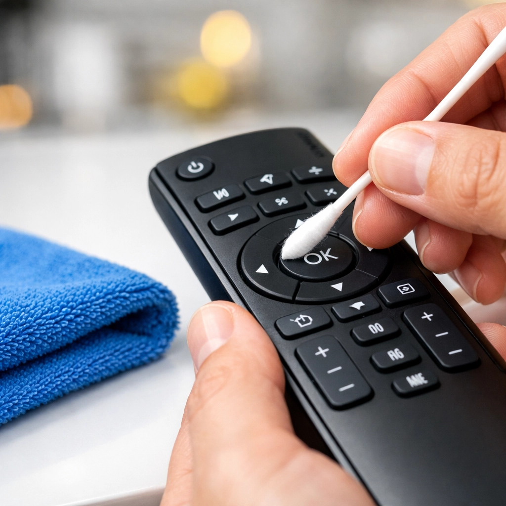 Detail shot of using a cotton swab to sanitize the buttons of a handheld remote control.