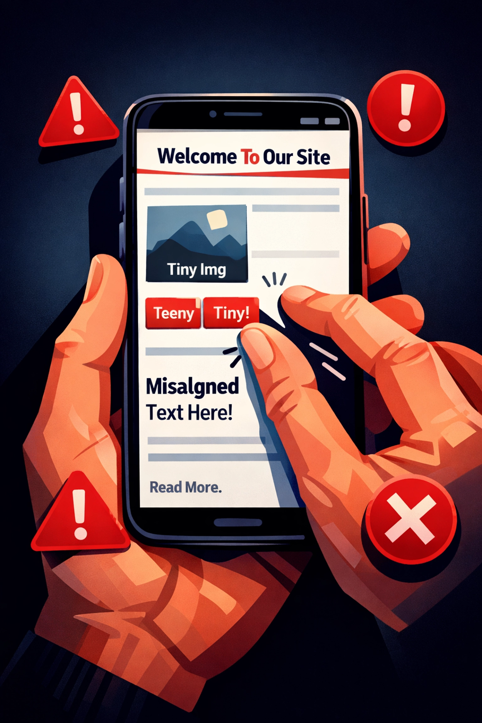 Mobile phone displaying website with poor responsive design and usability issues