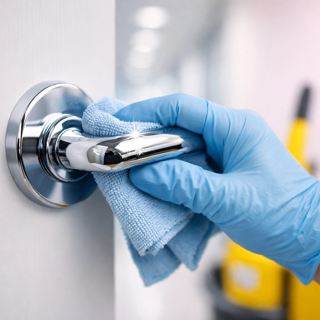 Detail-oriented sanitization of high-touch office door handles by professional cleaners.