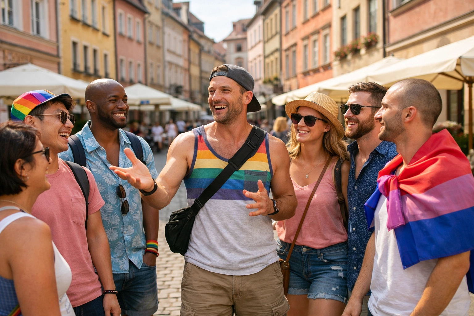 LGBTQ+ travel group exploring European destination with knowledgeable local gay guide