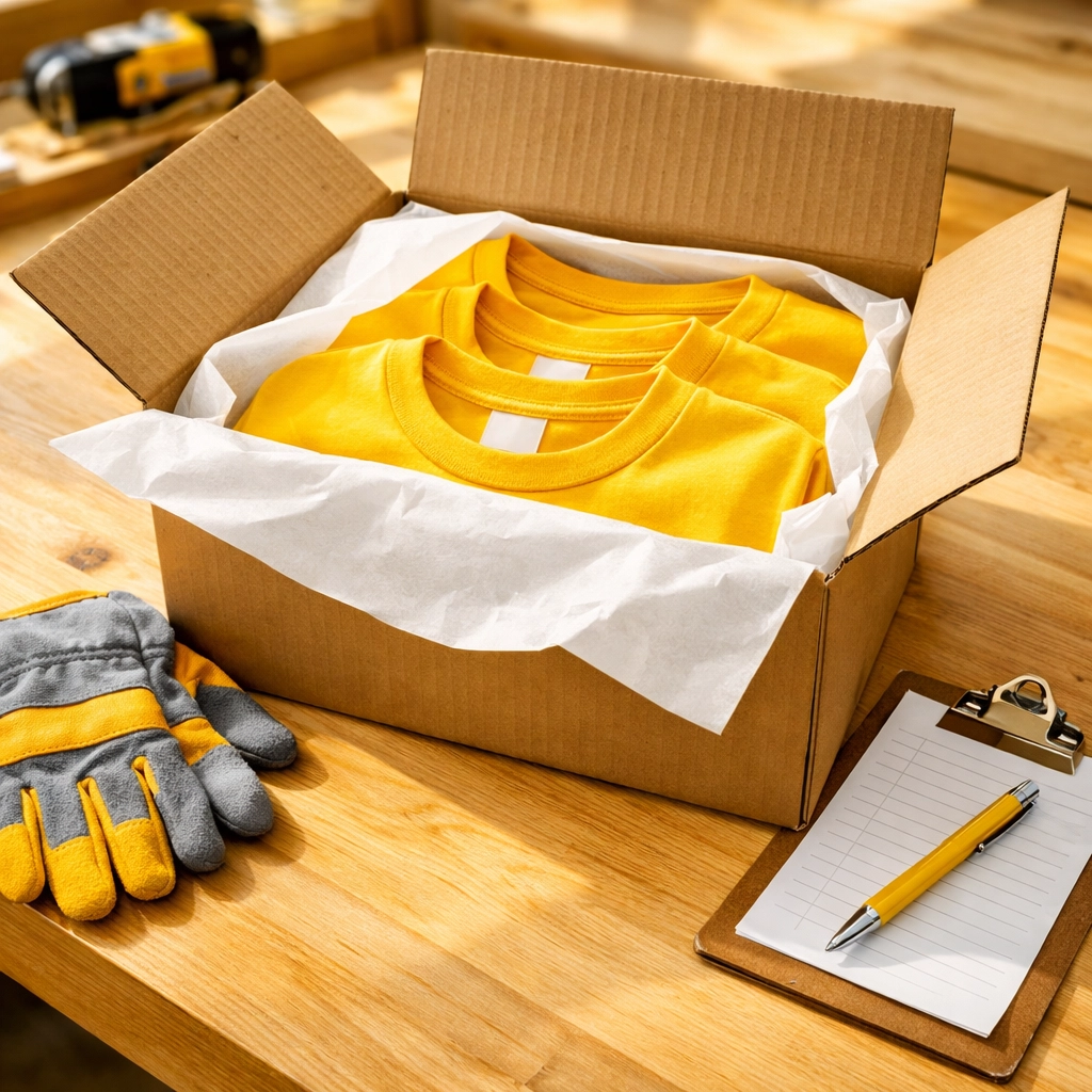 Shipping box filled with vibrant yellow custom screen printed t-shirts for pool service professionals.