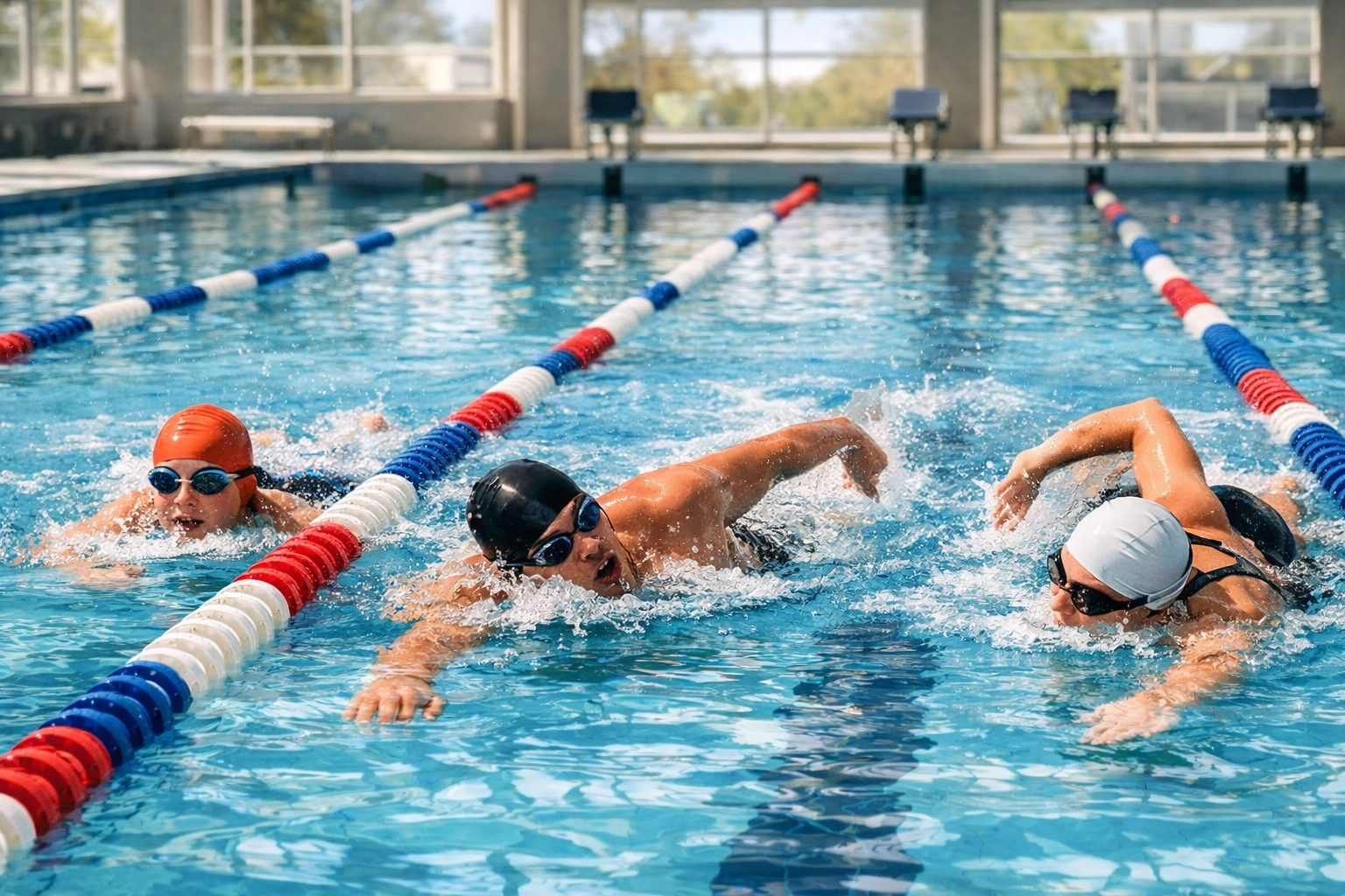 Tres nadadores de diferentes niveles entrenando en piscina mejorando técnica